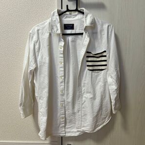 nano universe ナノユニバース 七分袖シャツ ホワイト ボーダーポケット