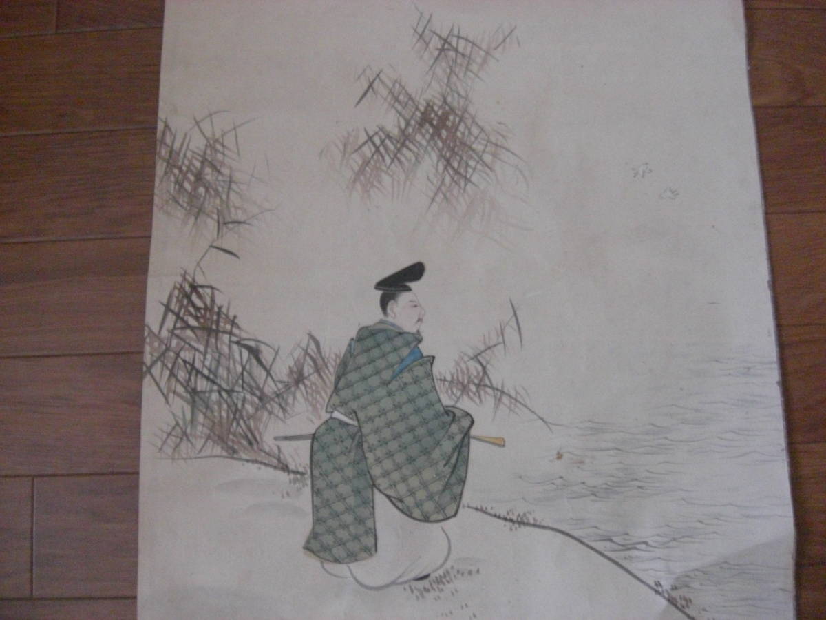 Dismantled old house, found item, old painting, unsigned, landscape/portrait of a nobleman, large hand-drawn ink painting/sliding door *A-1147, artwork, painting, Ink painting
