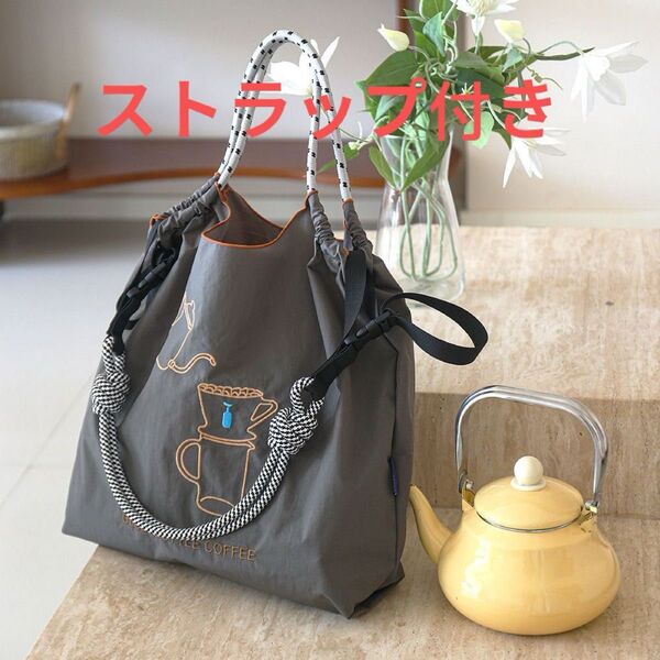 新品ブルーボトルコーヒー エコバッグ ナイロントートバッグ コーヒーポット刺繍バッグ◆Mサイズ◆ショルダーストラップ付き