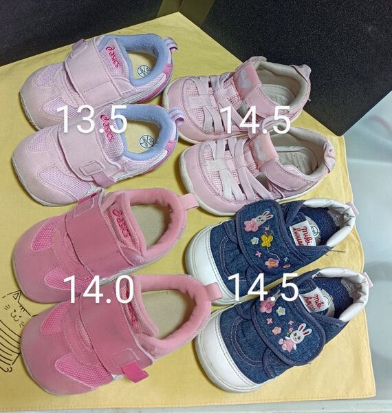 asics、ミキハウス子供靴 女の子 4足セット スニーカー サンダル ピンク デニム 13.5cm 14.0cm 14.5cm