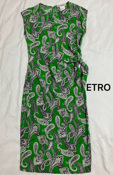 美品 42 ETRO エトロ シルク100% ペイズリー ドレス ワンピース グリーン ノースリーブワンピース ドレス