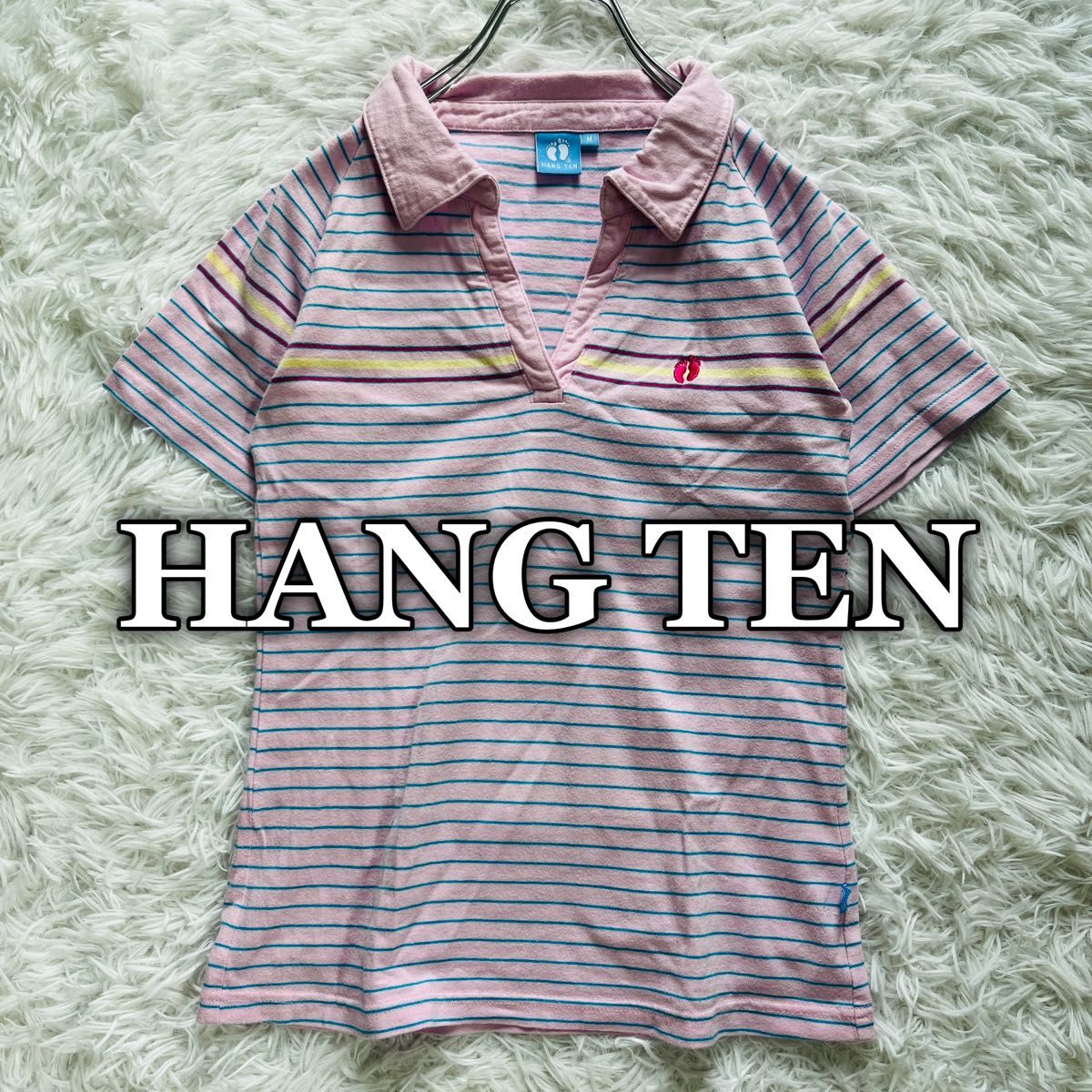 【USED】ハンテン HANG TEN 半袖 スキッパーシャツ ボーダー柄 ポロシャツ 刺繍ロゴ おしゃれ Mサイズ ピンク