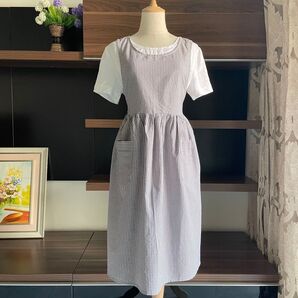 ハンドメイド ハーフリネン エプロン 料理教室 大人用 ドレス ワンピース チェック柄 ロング 日本製生地 家庭用品 麻 綿