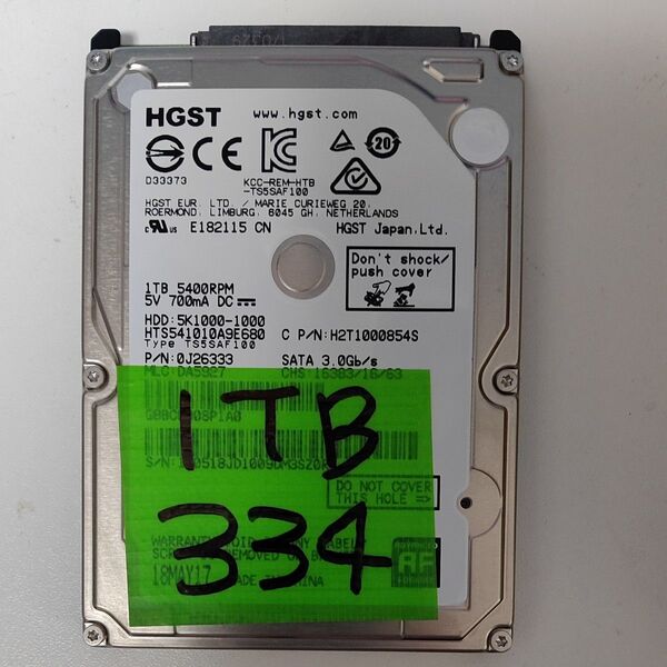 334時間 正常判定 1TB 2.5インチHDD HGST