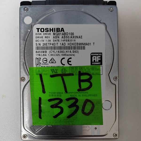 1330時間 正常判定 1TB 2.5インチHDD 東芝 TOSHIBA MQ01ABD100