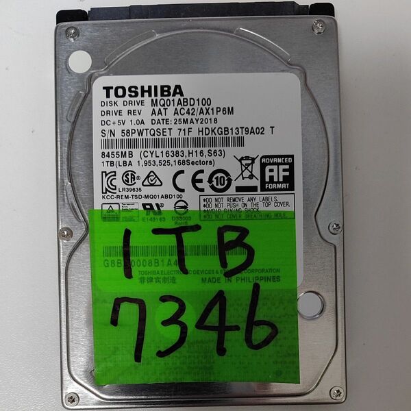 7346時間 正常判定 1TB 2.5インチHDD TOSHIBA MQ01ABD100