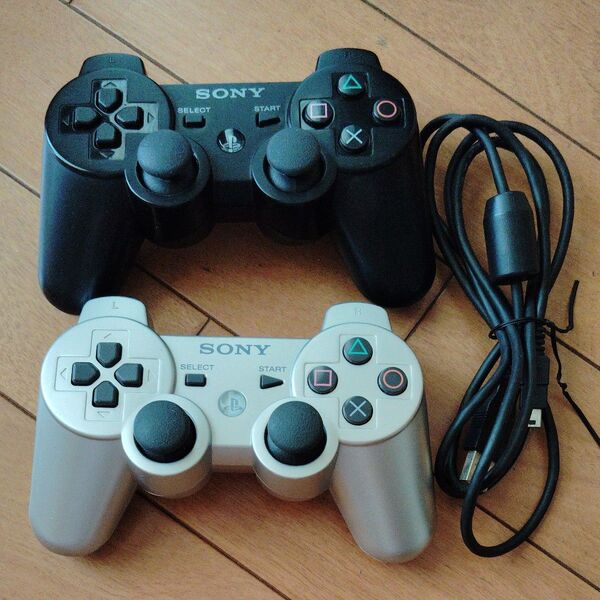 PS3 DUALSHOCK3 ワイヤレスコントローラー SONY コード ブラックとシルバーケーブル付き
