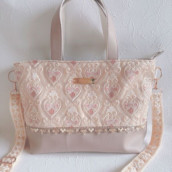 インド刺繍生地 トートバッグ ショルダーバッグ ハンドメイド フェイクレザー 2way 斜め掛け
