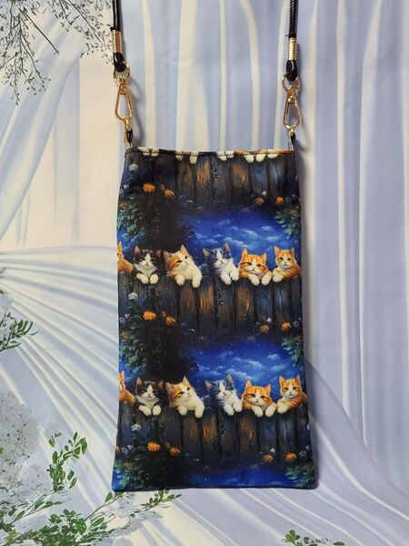 ハンドメイド スマホポシェット ショルダーバッグ サコッシュ 散歩 猫柄 バッグ スマホケース スマホショルダー 散歩にも