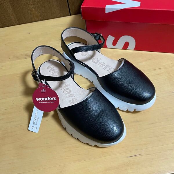 新品未使用品 WONDERS 本革 厚底 コンフォートサンダル アンクルストラップ レザー スペイン製 ブラック 黒 22.5cm