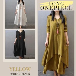 【値段交渉歓迎】ロングワンピース 7分袖 ゆったり 重ね着風 春夏秋 体型カバー 着痩せ Lsize イエロー