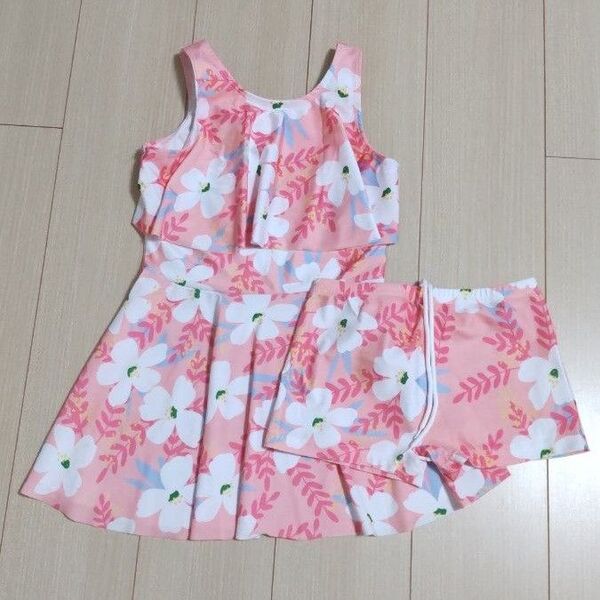 女の子ワンピース水着 セパレート ショートパンツ 付き ピンク 花柄