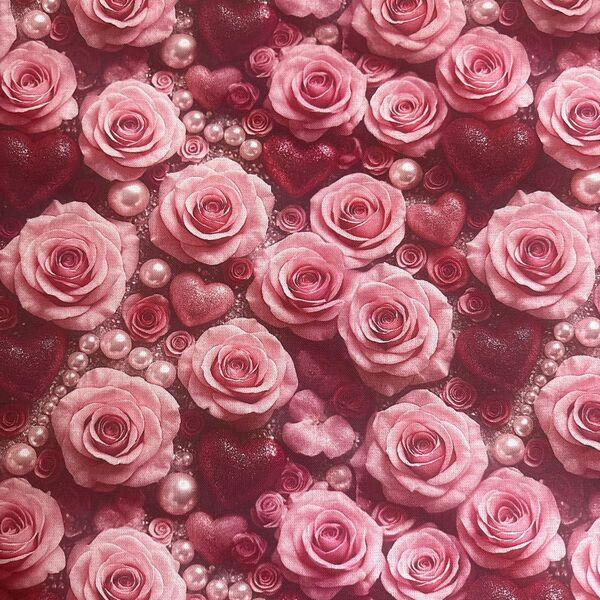 長さ100cm*110cm(幅)秋新柄 ロココ風キラキラハートピンク薔薇パール100%コットンプリント生地シーチングハギレ生地