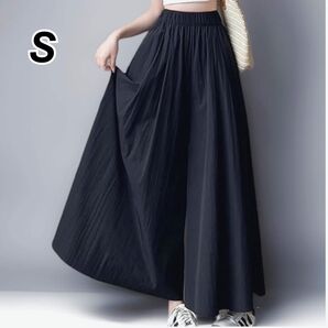 スカート風ワイドパンツ ガウチョパンツ ロング キュロット フレアパンツ 黒 S