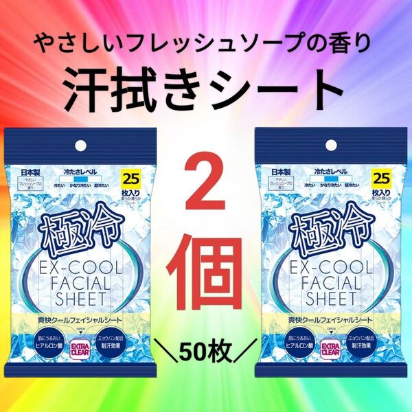 2個【未開封】極冷 ボディシート 汗ふきシート フェイシャルシート 汗拭きシート 制汗 冷感 フレッシュソープの香り ヒアルロン酸