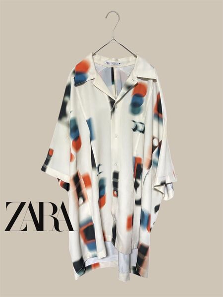 ZARA ザラ 半袖シャツ 総柄 アブストラクトプリントシャツ オフホワイト オーバーサイズ 気心地◎ メンズ