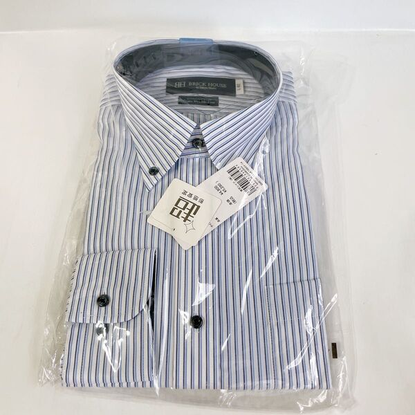 80-82 L 長袖 メンズワイシャツ ドレスシャツ ストライプ ブルー 綿100% ブリックハウス 超形態安定加工Yシャツ