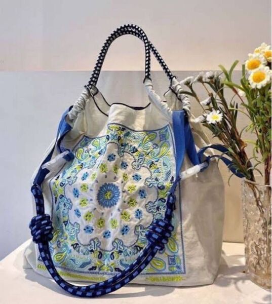 ショルダーベルト付 トートバッグ ボールアンドチェーン エコバッグ ハンドバッグ 刺繍 オシャレ 人気 バンダナ柄 ペイズリー柄