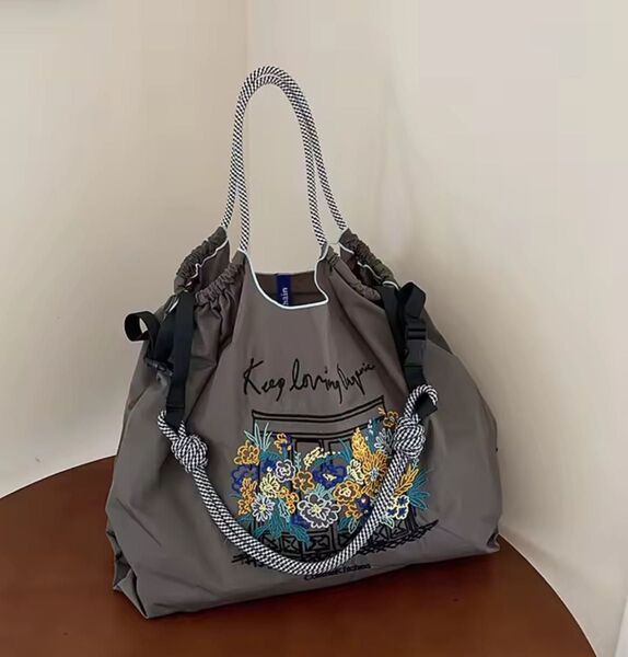 ショルダーベルト付 トートバッグ エコバッグ ボールアンドチェーン 花柄 グレー オシャレ 2way 人気 刺繍 肩掛け お買い物