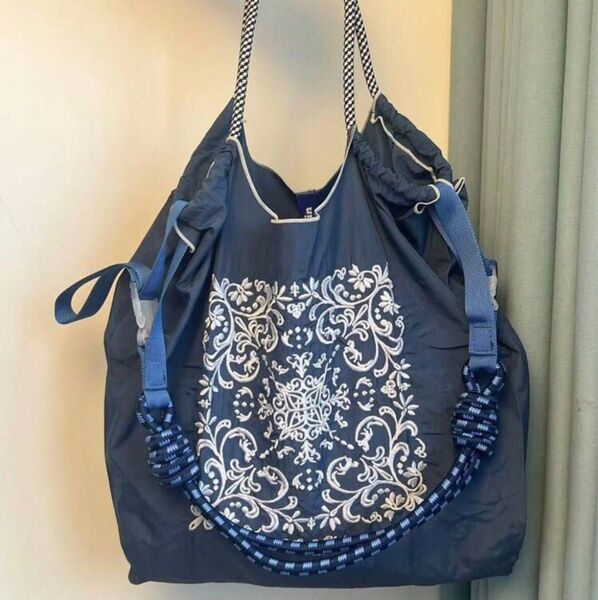 ショルダーベルト付き トートバッグ ボールアンドチェーン エコバッグ 刺繍 ナイロン オシャレ レディース 2way ブルー 青