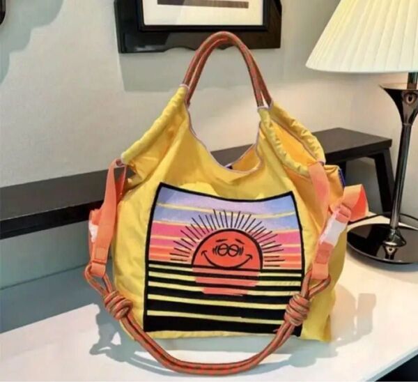 トートバッグ ボールアンドチェーン エコバッグ オシャレ 太陽 人気 カジュアル 肩掛け 通勤 通学 刺繍 イエロー マスタード