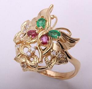 { pawnshop exhibition }k18* natural emerald + ruby butterfly motif ring *C-4309