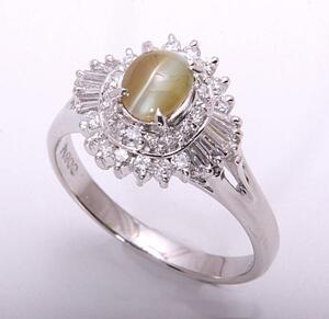 《質屋出品》Pt900★天然クリソベリルキャッツアイ0.99ct+ダイアモンドリング★C-4408