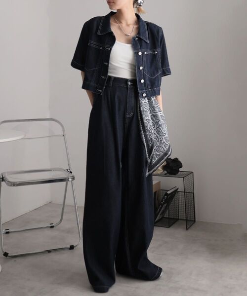 スリットデニムジャケットとワイドパンツ セットアップ ネイビー M
