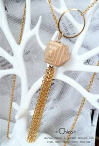 * 57cm * wood parts & simple ring gold chain tassel hand made necklace!*2 point and more free shipping!*