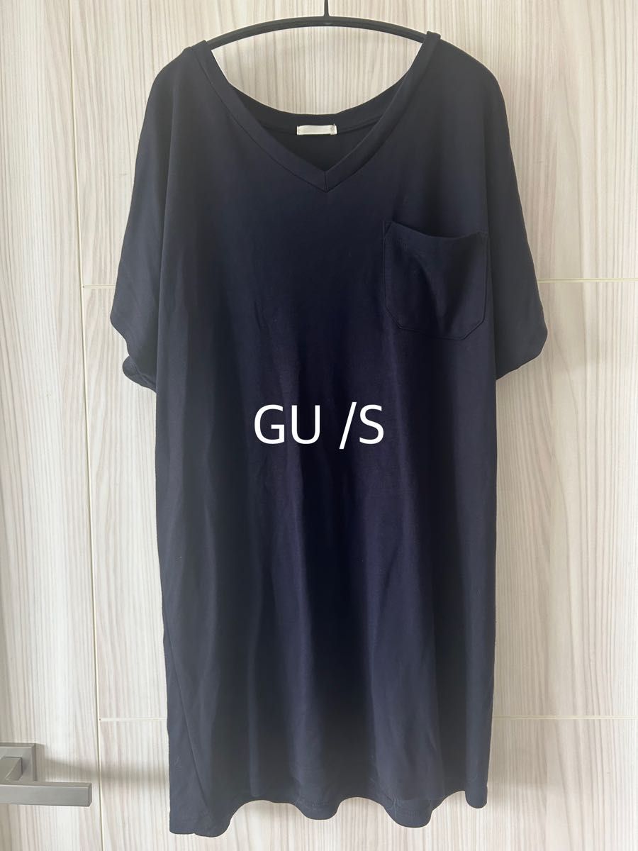 GUジーユードルマンVネックロング丈 Tシャツ カットソー 半袖ネイビーS