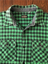 フラットヘッド ＦＬＡＴＨＥＡＤ 細かい ブロックチェック ネルシャツ ３８ 緑 黒 マチ付き ビンテージ スタイル メタルボタン_画像1