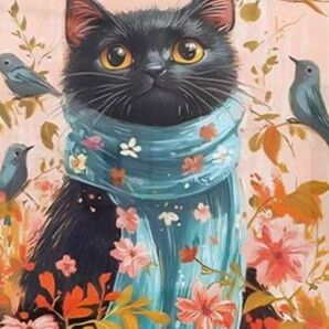 クロスステッチキット スカイブルーのマフラーの猫 (11CT、図案印刷あり)