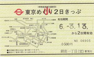 【営団】東京めぐり2日きっぷ　小児券　H6　未使用　銀座一丁目（定）駅発行　発売額500円