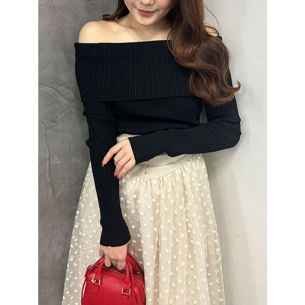 eimy istoire オフショルリブニットトップス(BLACK)