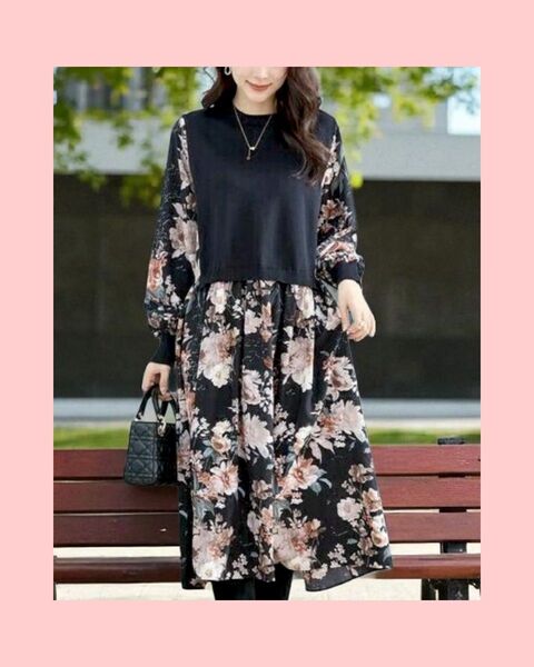 新品未使用!異素材ドッキング花柄ワンピース L〜XL