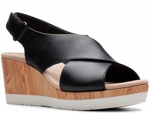 送料無料 Clarks 25cm ウエッジ ストラップ サンダル ブラック 黒 ベルクロ ストラップ レザー 革 スポサン ビーサン SS118