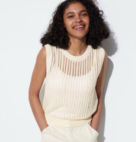 新品UNIQLOユニクロ メッシュクルーネックショートセーター M オフホワイト