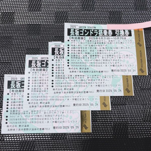 野沢温泉グリーンシーズン 長坂ゴンドラ利用券 4枚