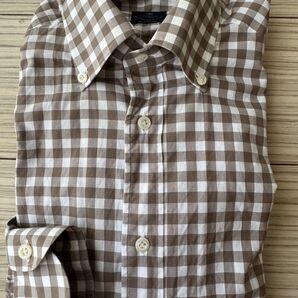 美品 Luigi Borrelli ルイジボレッリ ボタンダウン ドレスシャツ スミズーラ チェック ブラウン M 長袖