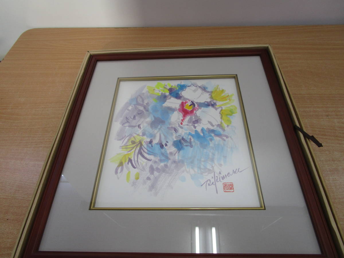 G577★Handwritten colored paper Rikimaru Iwao Flower framed★Unused item, painting, Japanese painting, flowers and birds, birds and beasts