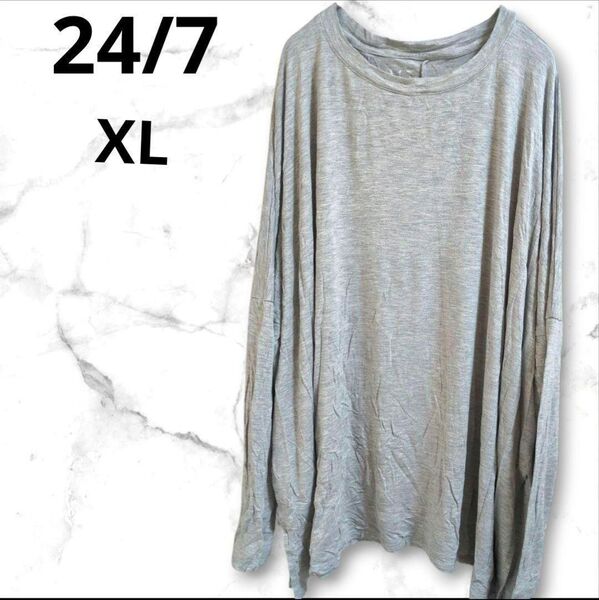 24/7【XL】グレー 長袖 Tシャツ 灰色 シンプル ドルマリン トップス ロンT カットソー ゆったり 体型カバー