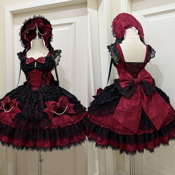 ゴスロリ 黒赤フリルドレス ボンネット付き ロリータJSK ロリィタドレス ワンピース ドレス 洋服 ゴシック 甘ロリ お姫様