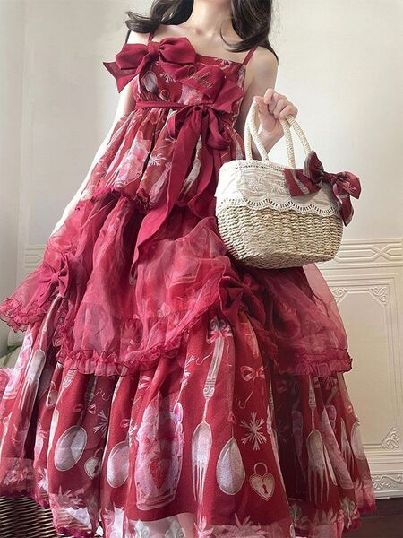 華やかレッドワンピース フリルロングドレス お嬢様 めめしい ワンピース 可愛いドレス ロリータJSK 甘ロリ