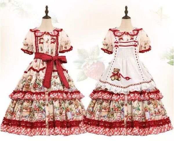 ロリィタ ワンピース エプロンセット いちご柄 テディベア ロリータドレス ロング丈 フリル OP 森ガール 甘ロリ
