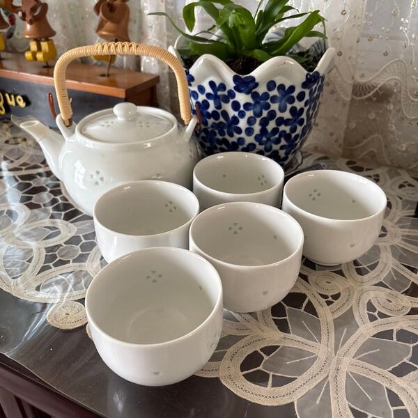 ★未使用★ 有田焼【菊峰】透かし蛍 湯呑×5個 急須セット