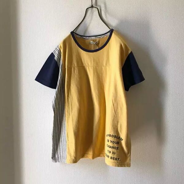 新品☆Emago/ストライプ×無地 異素材切り替え カジュアルTシャツ イエロー