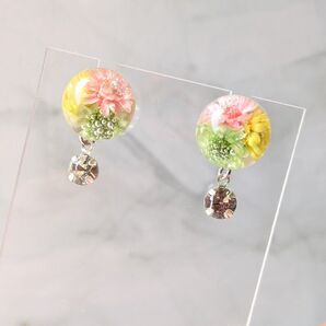 1017 《花々の雫》 揺れるドライフラワー ドームピアス・イヤリング