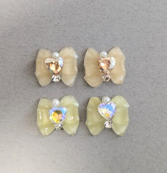 ハートパールストーンリボン ネイルパーツセット デコパーツ オレンジ 黄色