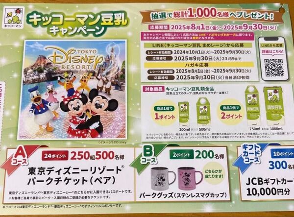 レシート懸賞 キッコーマン豆乳キャンペーン24P ディズニーリゾートペア当たる LINE応募