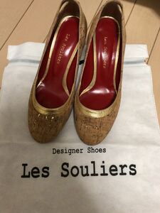 Les Souliers レシュリエ アーモンドトゥ　ゴールド×コルク×レッド　パンプス37サイズ/6ｃｍヒール/オーダー品/韓国ソウル